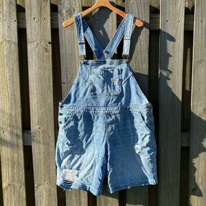 Lane Bryant Boyfriend Short Overalls - Destructed Light Wash